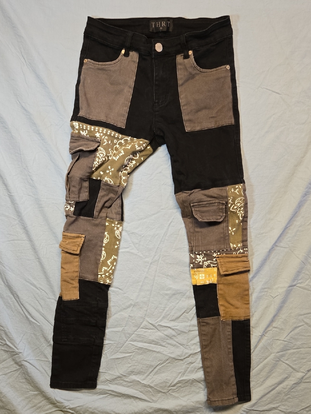 Thrt Patchwork Bandana Denim Skinny Tapered Fit Jeans Black, Olive, Brown